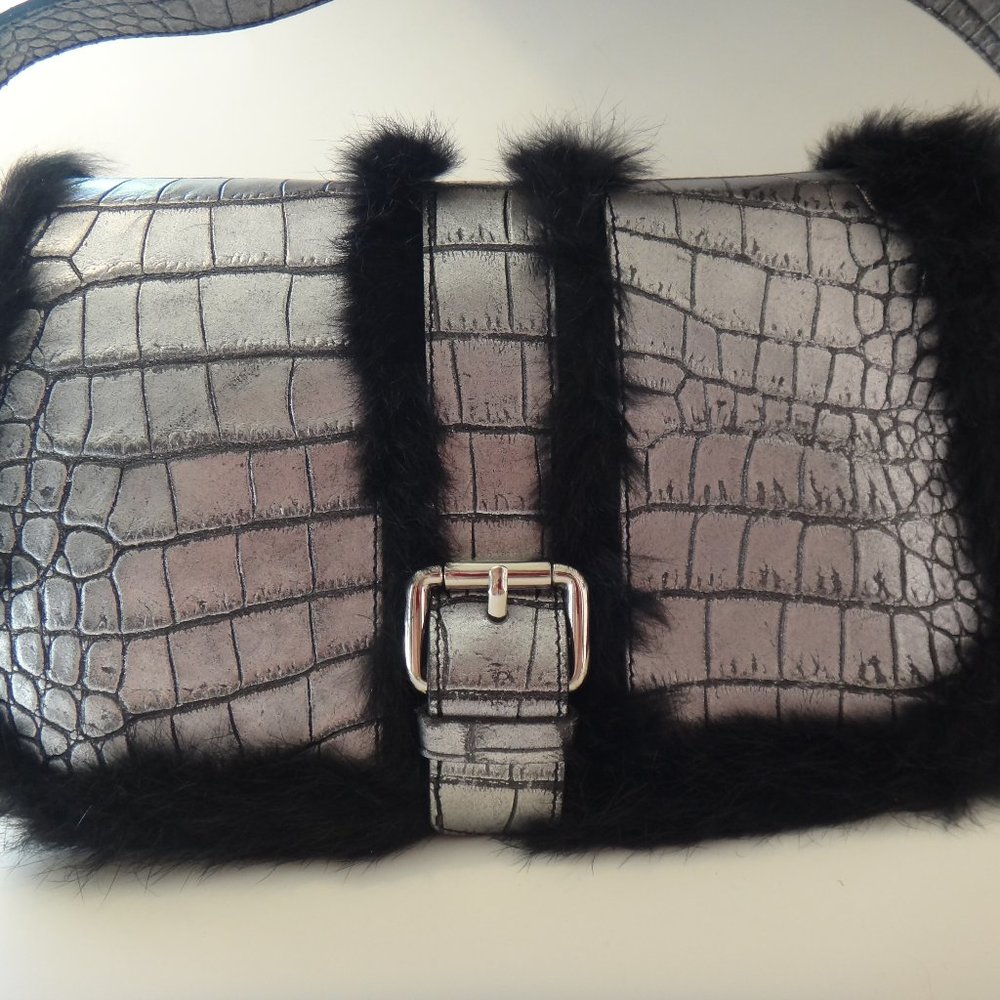 Cavalcanti Italian Genuine Leather Shoulder Bag Purse Silver Color Fur Trim